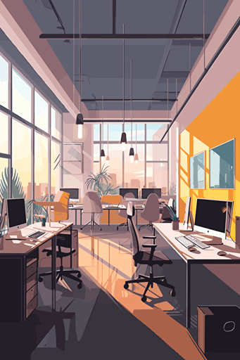 A modern open-concept office space, collaborative workstations, sleek furniture, natural light, Adobe Illustrator, Wacom tablet, morning. Vector illustration, RGB color mode.