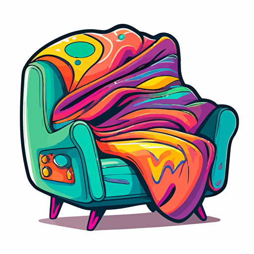 oversized stuffed chair with a throw blanket, Sticker, Joyful, Electric Colors, cartoon, Contour, Vector, White Background, Detailed