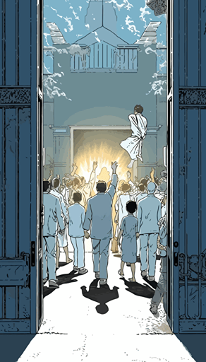 family welcoming father leaving prison, happy, celebration, vector art, blue and white and dark gray, by Jean Giraud
