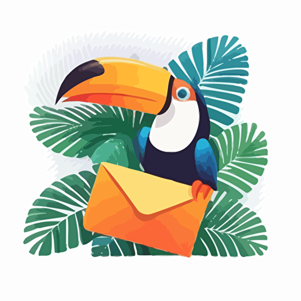 vector logo illustration of smiling toucan with an envelope, for customer support online course, no background color, friendly and appealing, colorful