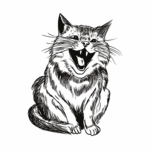 illustration of a cat laughing hard, black ink, vector isolated on white