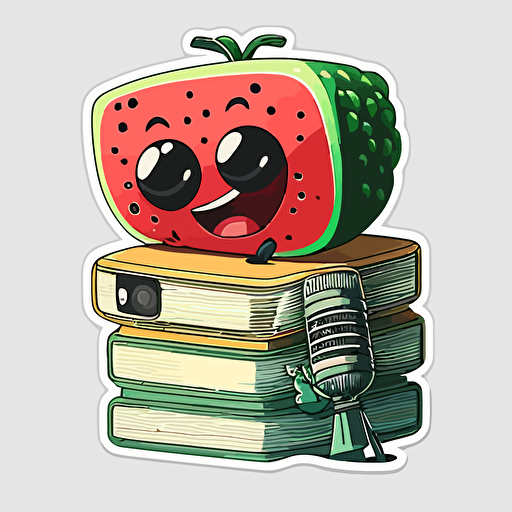 Stickers, vector art, stack of books with a watermelon with eyes in a good mood holding a microphone on top