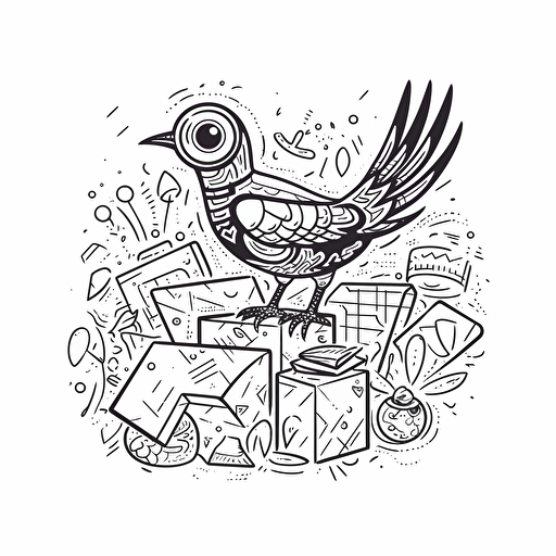 Illustration of a bird flying over gift boxes holding a magnifying glass. doodle style vector minimalist