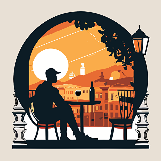 minimalistic illustration, man sitting at alfresco table drinking wine, leaning backwards into chair, looking out over the piazza, motif style, vector