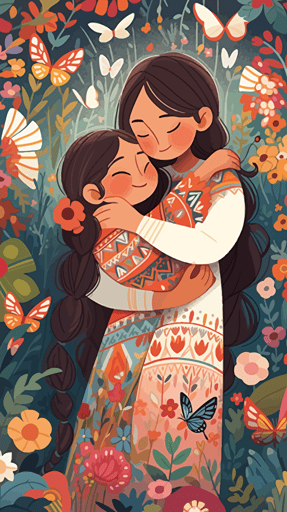 In the center of the picture are mother and child, both smiling. The mother's arms are wrapped around the child, and the child rests his head on the mother's shoulder. They are dressed in bright colors, making the whole picture look lively and cheerful. The background is a beautiful garden full of flowers and greenery. Some butterflies and birds also appear in the picture, adding some natural elements to this warm scene. The tone of the picture will be very bright, moments of happiness and joy, vector illustration,flat illustration, whimsical children's book illustration