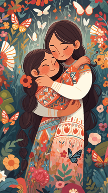 In the center of the picture are mother and child, both smiling. The mother's arms are wrapped around the child, and the child rests his head on the mother's shoulder. They are dressed in bright colors, making the whole picture look lively and cheerful. The background is a beautiful garden full of flowers and greenery. Some butterflies and birds also appear in the picture, adding some natural elements to this warm scene. The tone of the picture will be very bright, moments of happiness and joy, vector illustration,flat illustration, whimsical children's book illustration