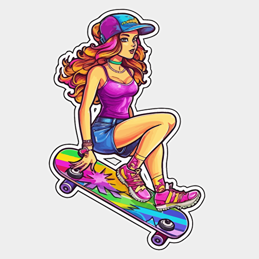 skater, lisa frank style, sticker, white background, contour vector, view from above, attention on detail and proportions