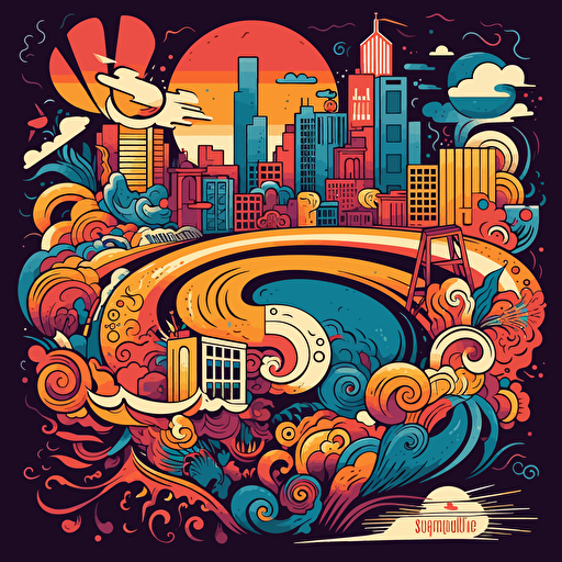 colorful vector art, fun, san francisco with swirls in the background