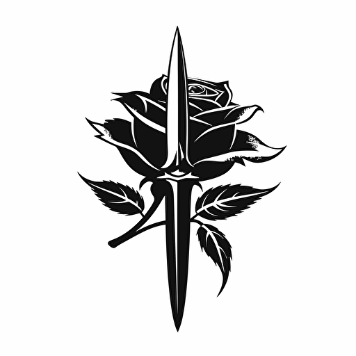 minimal vector art symbol of a rose and a blade, simple design, black on white backdrop