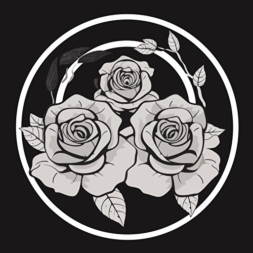 a simple wedding logo, black an white, shall contain roses, two wedding bands, no grey shades, vector art, shall be circular, flat