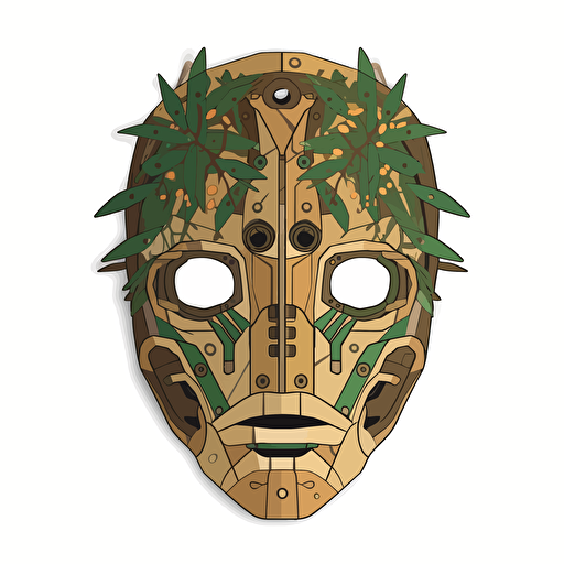 wooden face mask, ghibli vector style, brown, green