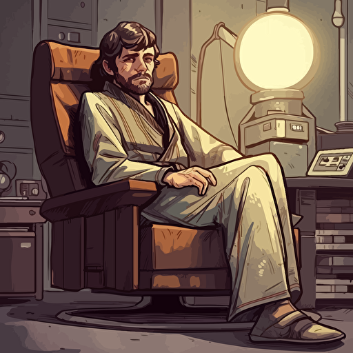 Luke skywallker wearing jedi robes lays in the chaise lounge, arms crossed, lightsaber gripped in one hand, silent. He stares at the floor, avoiding eye contact with the psychiatrist, Dr. Froyd. The doctor leans forward in his chair, eyes narrowed in curiosity, and speaks. "Luke, I know this must be difficult for you, but I need to tell me about your father. comic book style vectorr drawing