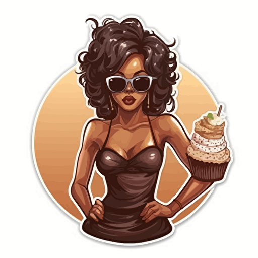 sticker vector illustration, a female stylish with diva sunglasses and diva attitude, in a dress made of delicious chocolate frosting, with hair like chocolate frosting too