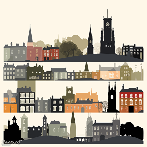 Flat 2d vector-style silhouettes of landmarks in Wellingborough UK, such as Swanspool house, the railway sheds, pork pie church, all saints church, the fourteen arches viaduct, wellingborough war memorial, our lady church, all landmarks to be flat and side by side on a horizon line