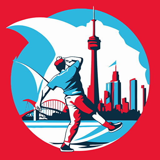 a flat vector logo of of a golfer swinging, the left side of the background is the CN Tower and the right side of the background is Niagara, blue and red colors, no text