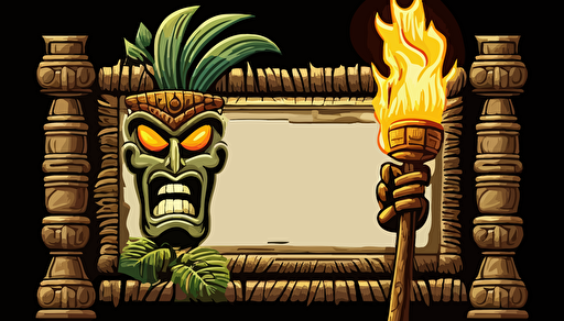 horizontal rectangular tiki frame with blank sign and a tiki torch on either side with transparent background in vector format