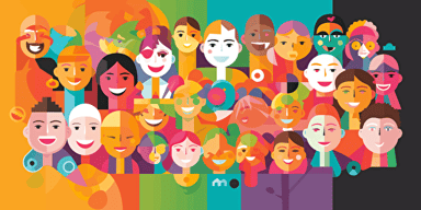diversity and inclusion in the workplace, vector, flat, happy, smiles, corporate, collage, colorful