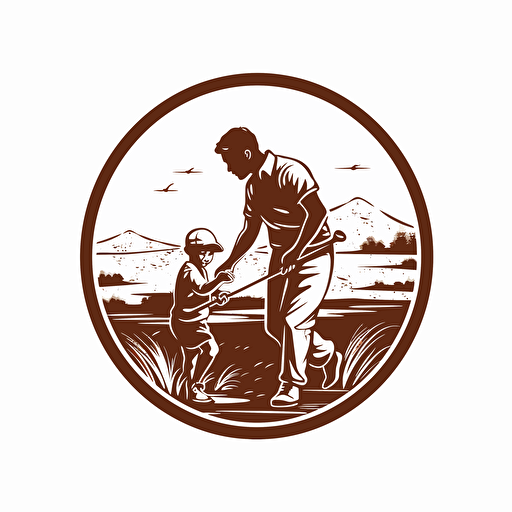 a vector monochromatic logo of a man teaching child to play golf