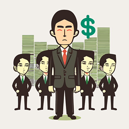 flat design, 7head tall,character, white background, japanese style, businessman, vector, hold dollar,