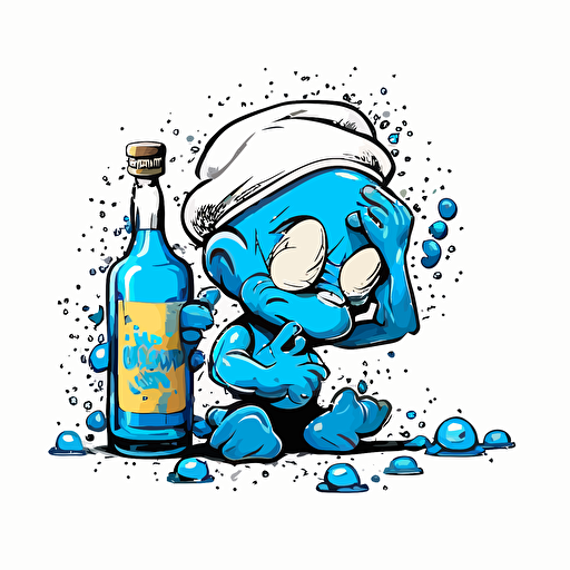 smurf with liquor bottle, eyes open,comic illustration, vector, background white, no text