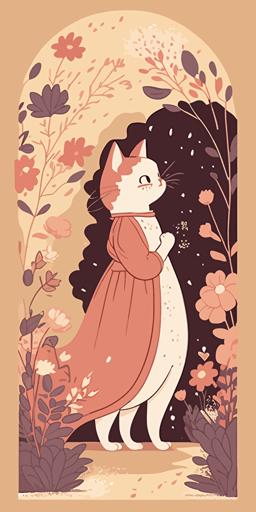 flat vector illustration of a kitty in a pink dress among flowers, in the style of minimalist backgrounds, beige, animation, bunnycore, hallyu, cute and colorful, ferrania p30