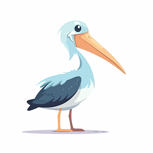 happy cute young pelican standing, white background flat, vector style, silhouette