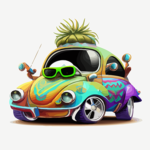 a very cute baby friendly alien cholo wearing very big sunglasses driving a low rider Volkswagen Beetle ,vector, cartoon, bright graffiti colors
