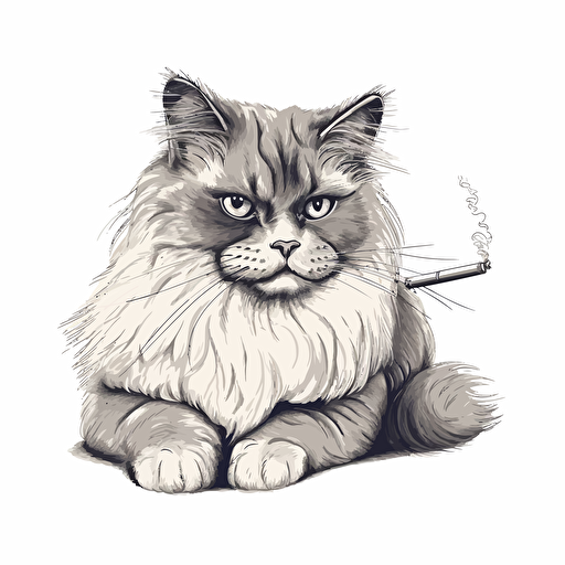 a tough looking bicolor Ragdoll cat with a big cigarette in his mouth, vector greyscale