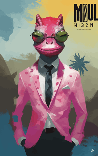 flat vector book cover design by russ mills showing painted wallpaper hawaii background to a pink anthropomorphic gecko salesman wearing a battered worn suit