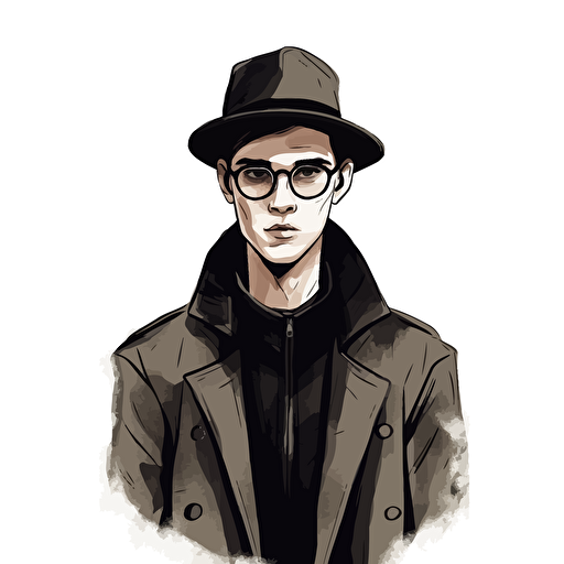 man with glasses using hat and black coat, doodle vector ilustration