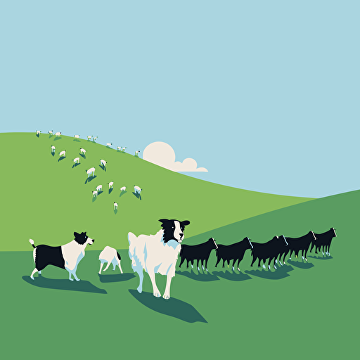 minimalistic sheep farm, border collie herding sheep, green grass, blue sky, vector art