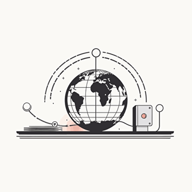 vector art, flat design, black and white, white background, a straight line of wires connecting a computer to a globe in a straight line