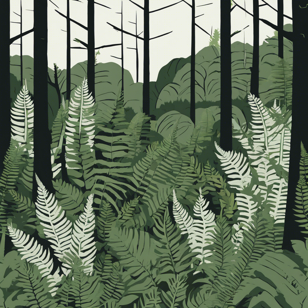 Lush green ferns in a dense forest., illustration in the style of Matt Blease, illustration, flat, simple, vector