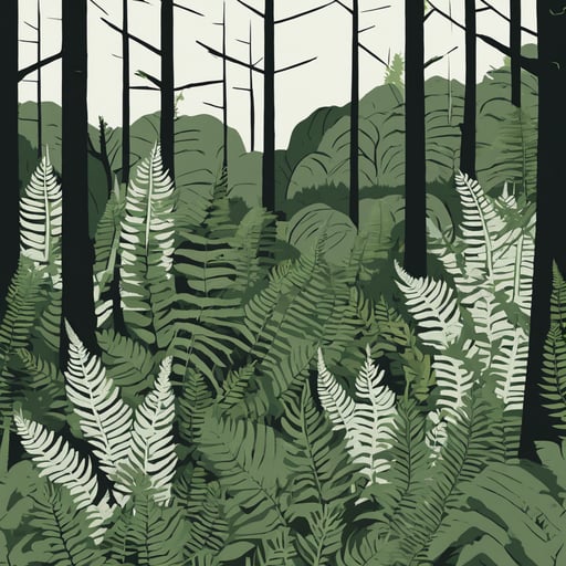 Lush green ferns in a dense forest.