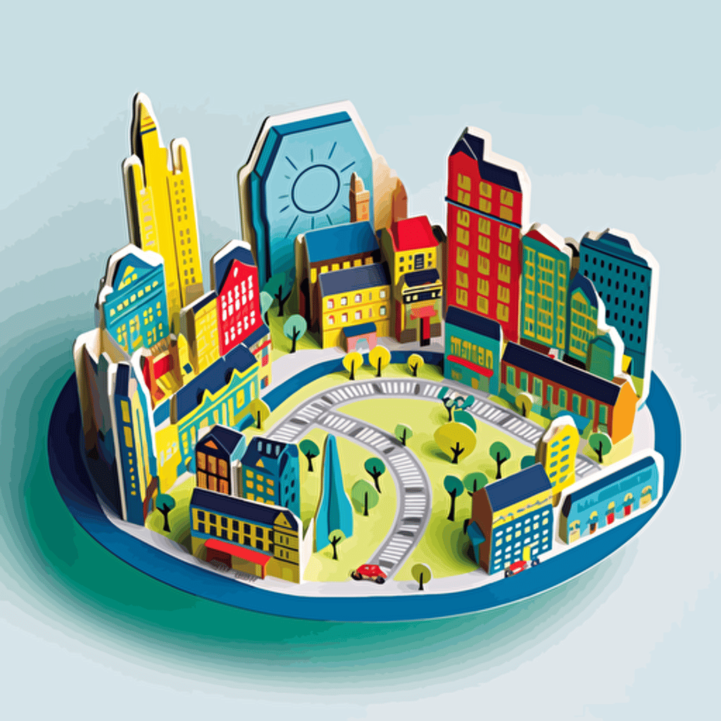 a city themed, 360 degree designed card back concpet in fun primary colours with a vector art style