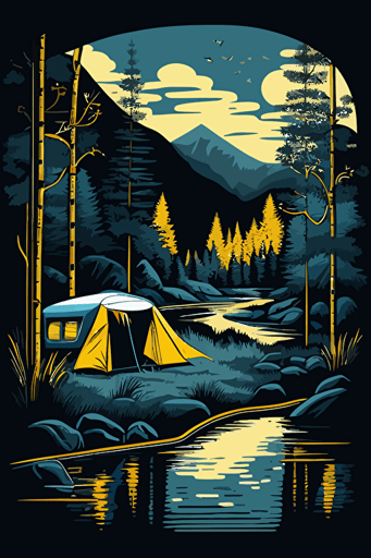camping in the wilderness next to river, simple geometrical shapes, blue, yellow and white colors, pop art deco illustration, hand vector art, black background,