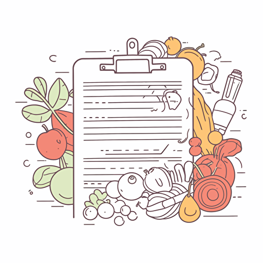 clipboard with an invoice on it, surrounded by fruits and vegetables, clean vector line drawing style