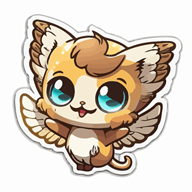 2D playful pose caricature of a smiling, cute, kawaii chibi, baby cat with a square head, small wings, large expressive eyes, vector art sticker style