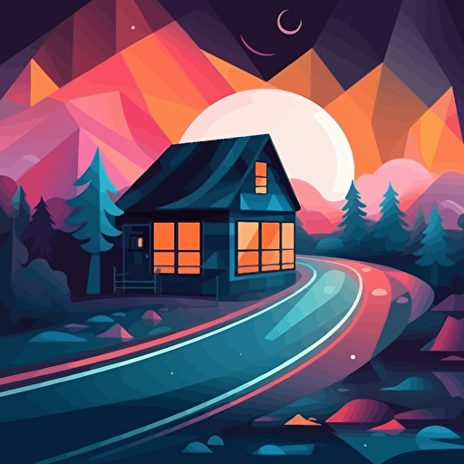 In the foreground is an extended road, next to a translucent geometric house, night sky, 2D, gradient vector illustration wind