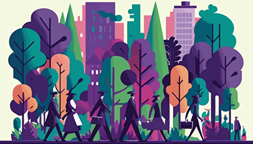 corporate people walking, buildings and trees landscape, scenery, flat vector art style, illustration, very detailed, purple blue and green colors, soft colors, by Tom Whalen