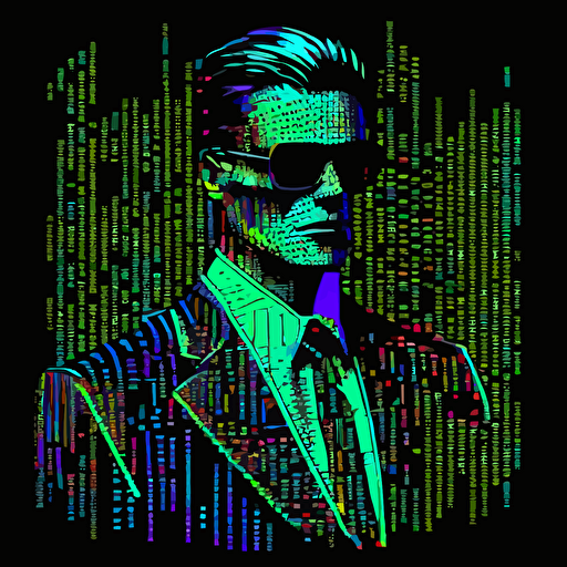 vector, finance bro in a suit, matrix code style, neon colors