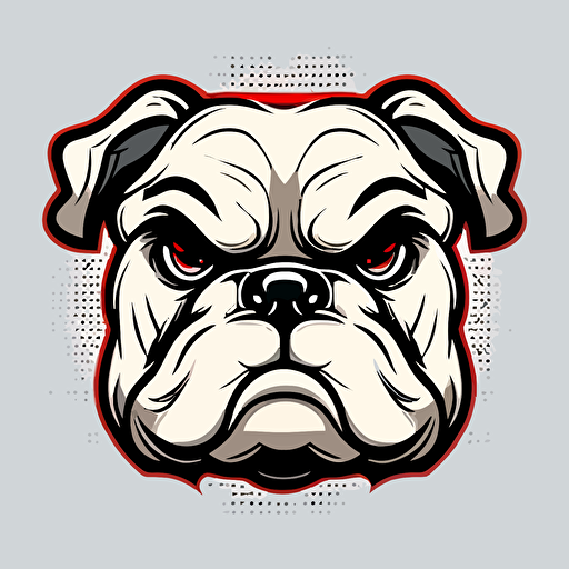 angry english bulldog head, cartoon eyes, cute smile, vector logo, vector art, emblem, simple, cartoon, 2d