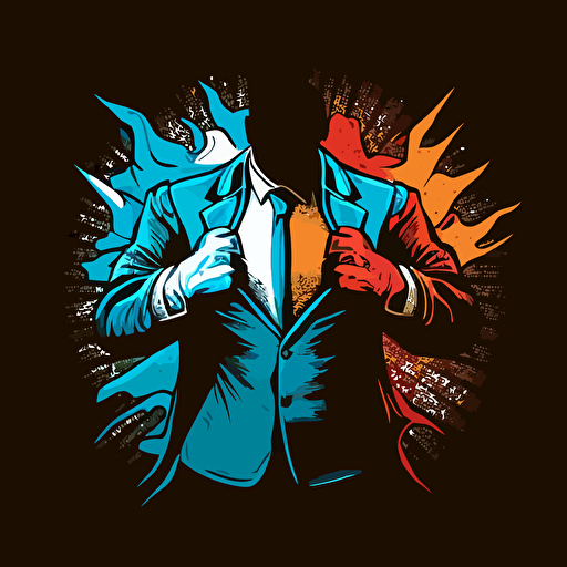 two hands open up a business jacket an embrace an superhero logo, comic style, vectorized, max 5 colors