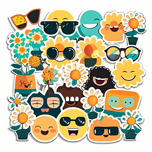 set of 25 stickers, flat, vector, retro, including smiley faces, flowers, sunglasses, on white background