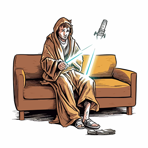 young luke skywaker in jedi robes holding a lit lightsaber, on a psychiatrists couch looking worried and confused, comic book style vector drawing white background