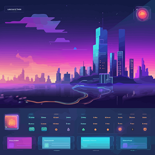 the main menu of a game ui for a infinite side scroller puzzle game with bright colours, light background with a skyline, vector, cartoon style