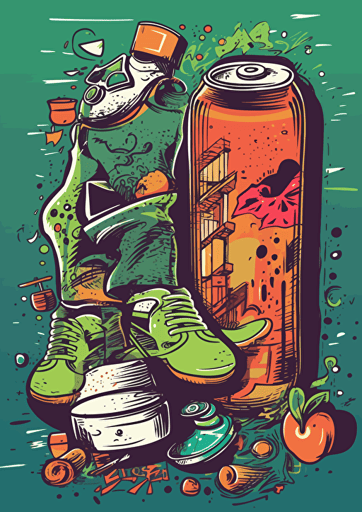 poster, a skateboard, A glass of cocktail , glide fast, drunk, cartoon, graffiti, vector, illustration