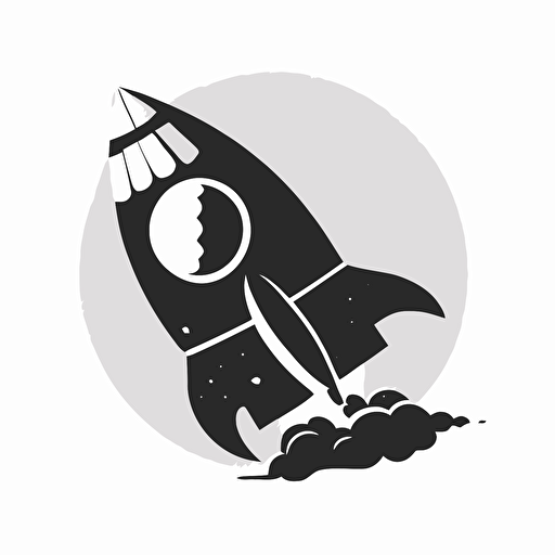 a flat vector logo, minimal, black and white, of a rocketship wearing a cowboy hat
