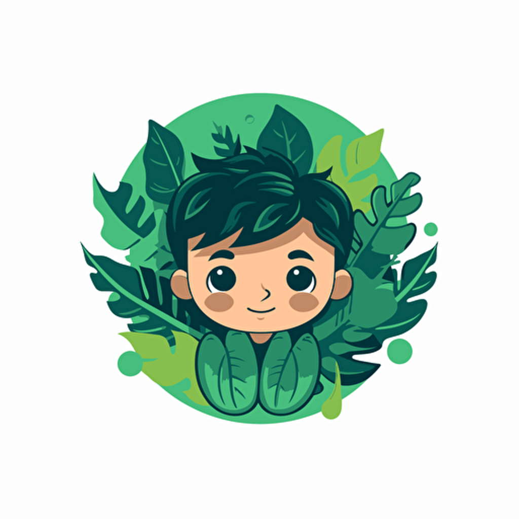 vector logo design, kid hiding in a big green leaf, cute drawing, green colors, Thomas Rohlfs style