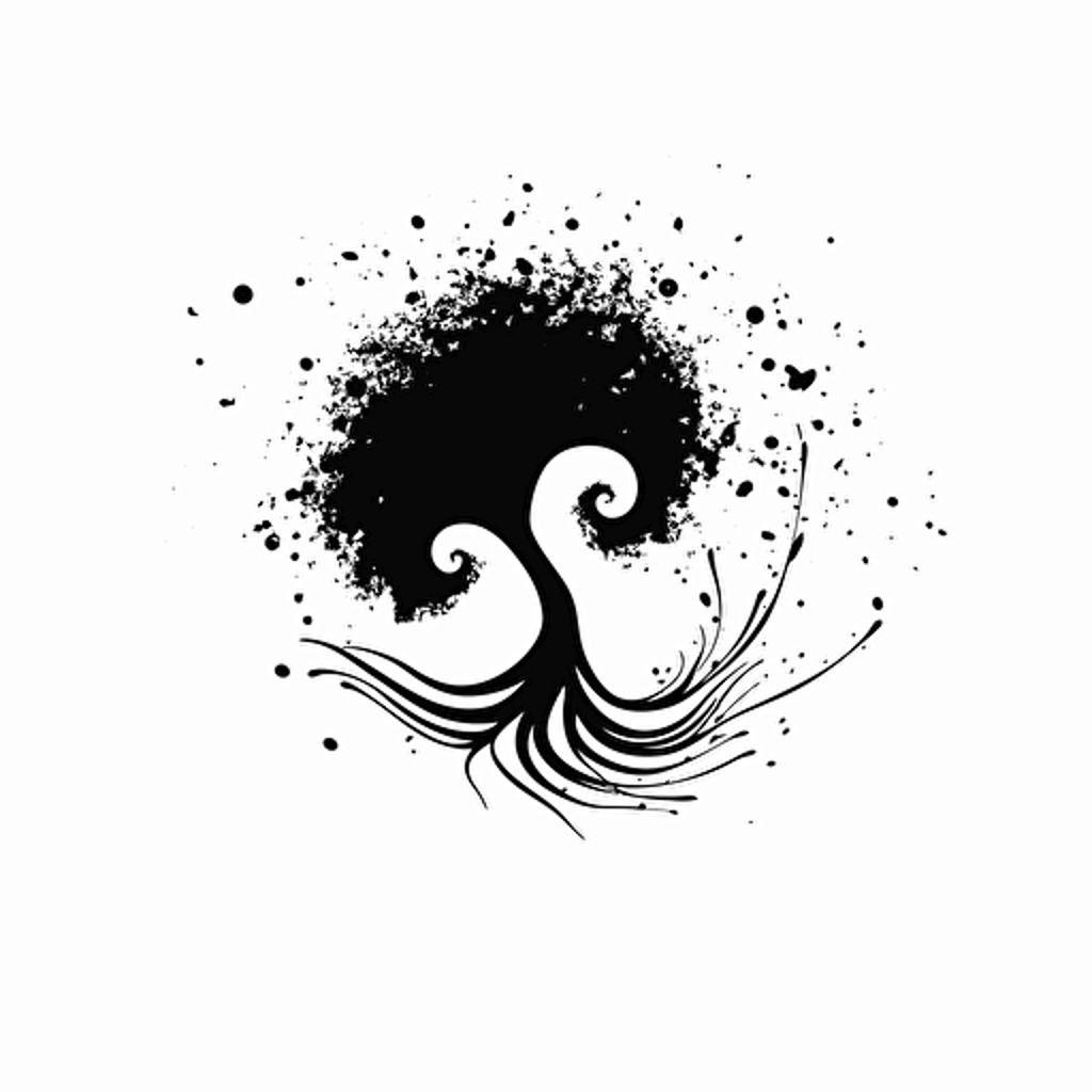 black logo of a earth turning into a tree with a swirl of ink, Minimalistic, design, modern. White background, vector, creative